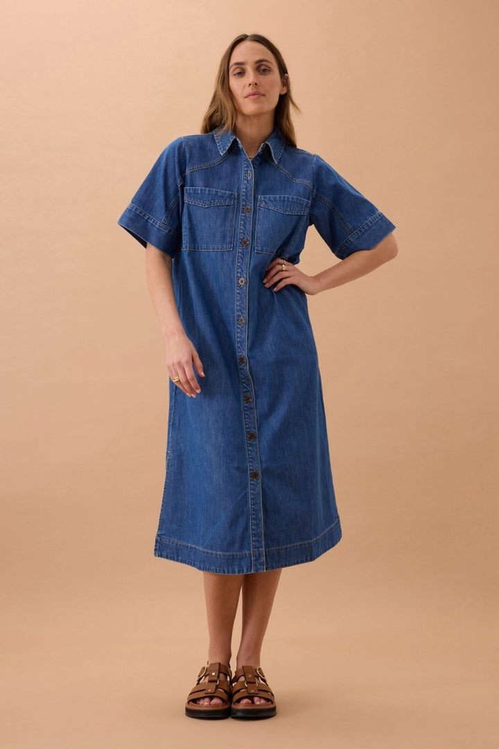 Ava Short Sleeve Yoke Detail Midi Denim Dress - Stanleyandstone