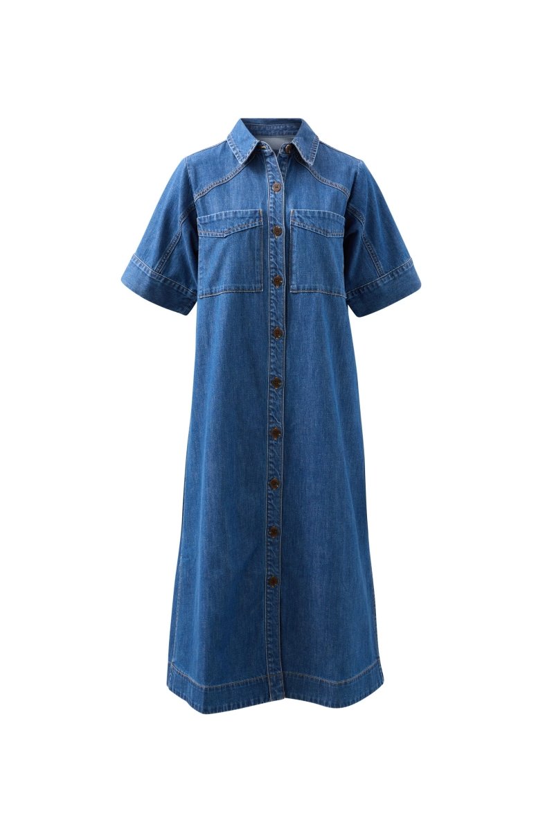 Ava Short Sleeve Yoke Detail Midi Denim Dress - Stanleyandstone