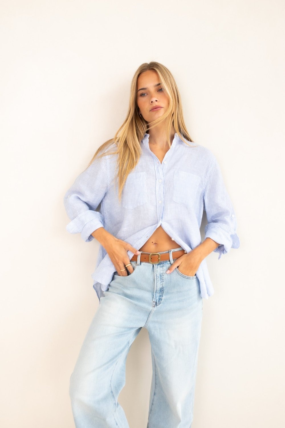 Baby Blue Stripe Boyfriend Linen Shirt shirt Hut
