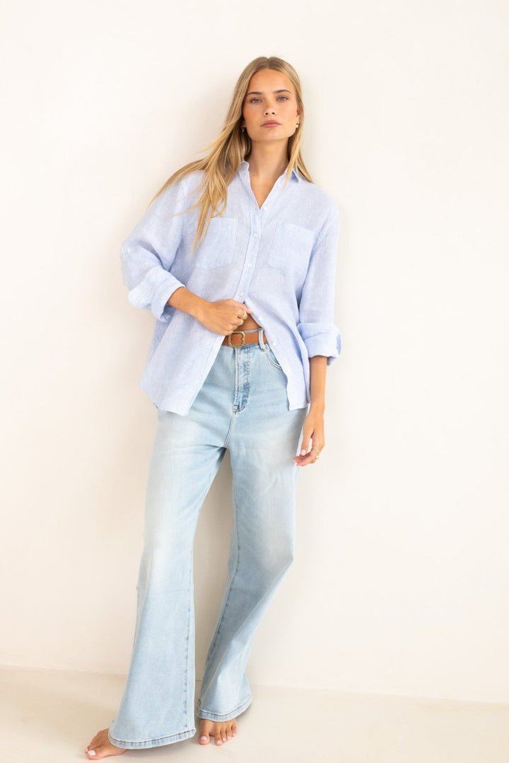 Baby Blue Stripe Boyfriend Linen Shirt shirt Hut