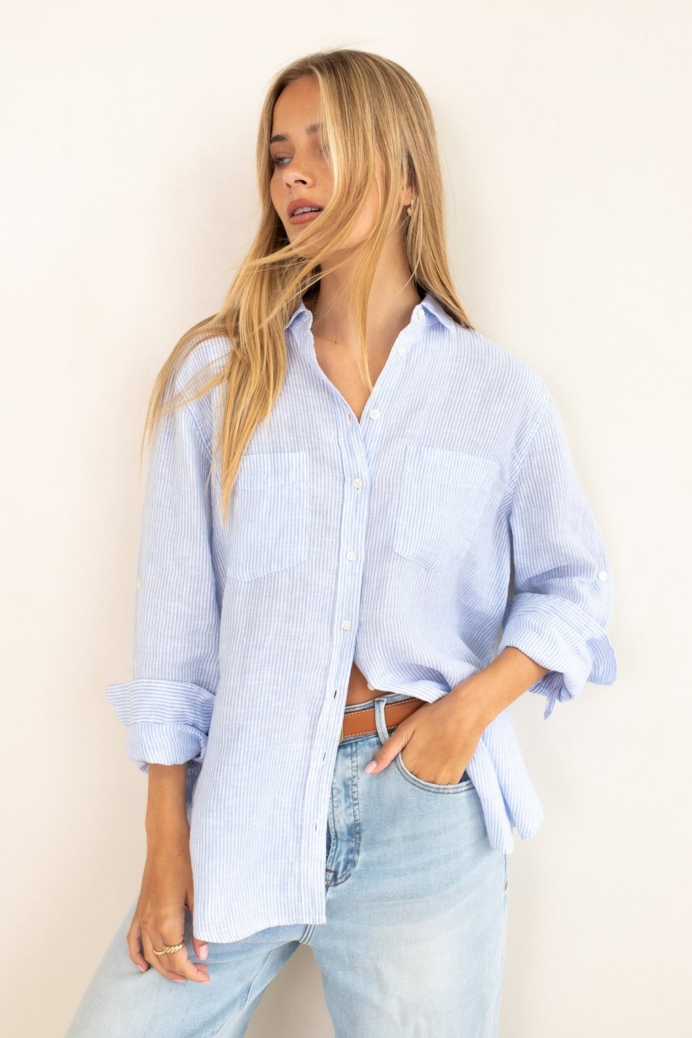 Baby Blue Stripe Boyfriend Linen Shirt shirt Hut