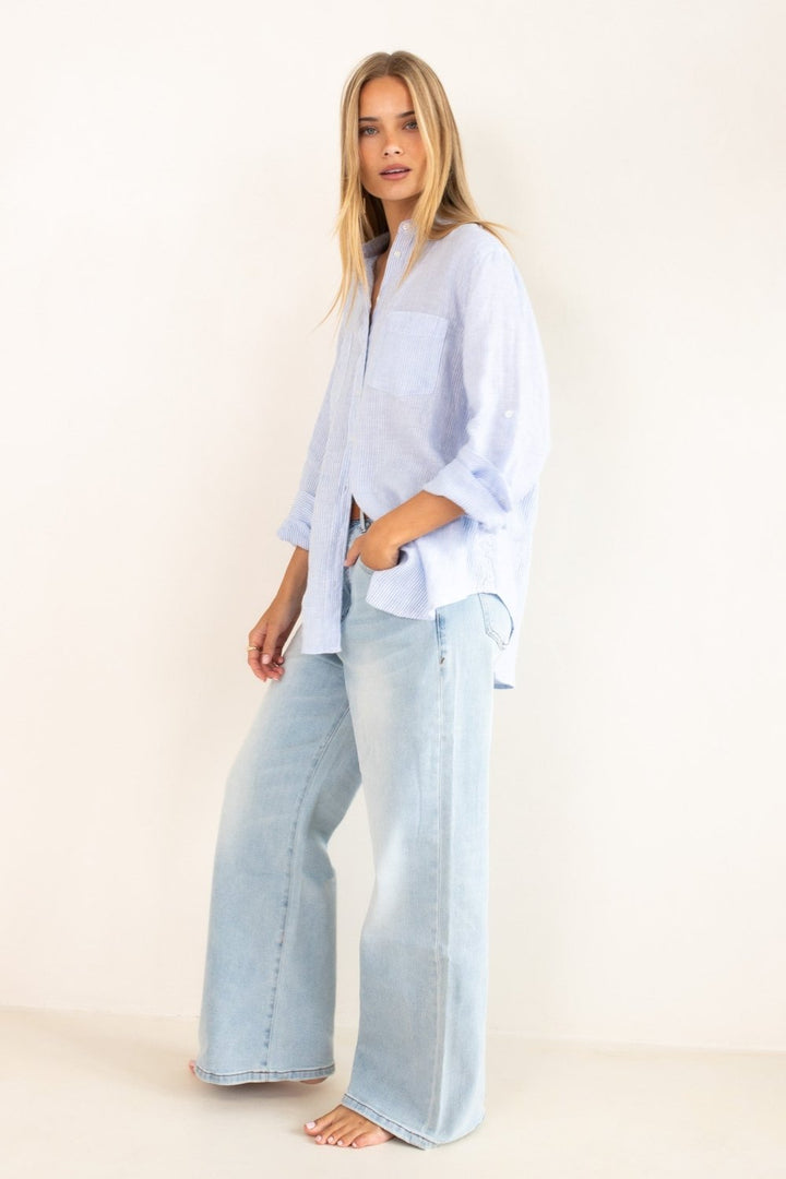 Baby Blue Stripe Boyfriend Linen Shirt shirt Hut