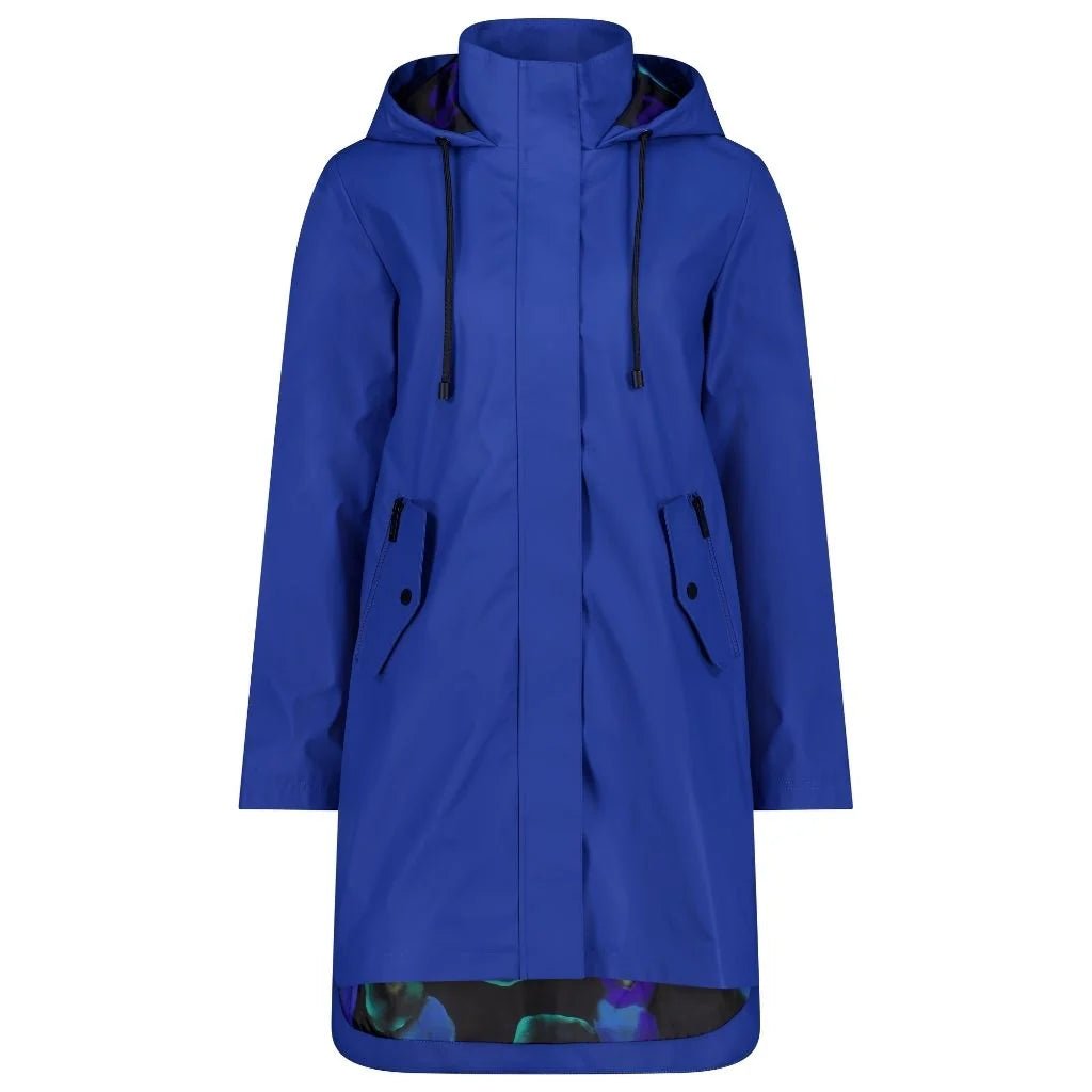 Billie - Womens PU Coated raincoat - Imperial Blue with night bloom Coats & Jackets MOKE