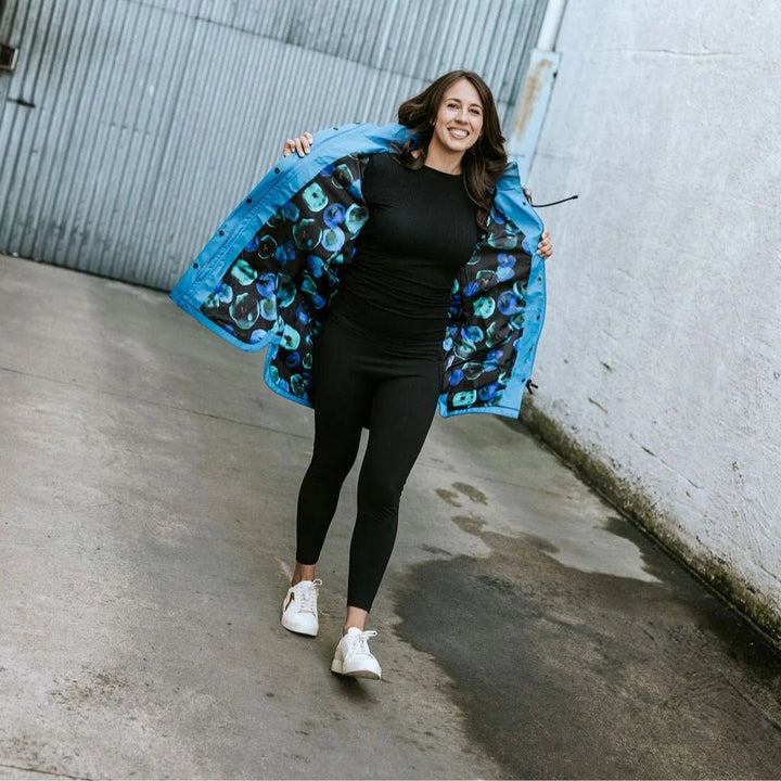 Billie - Womens PU Coated raincoat - Imperial Blue with night bloom Coats & Jackets MOKE