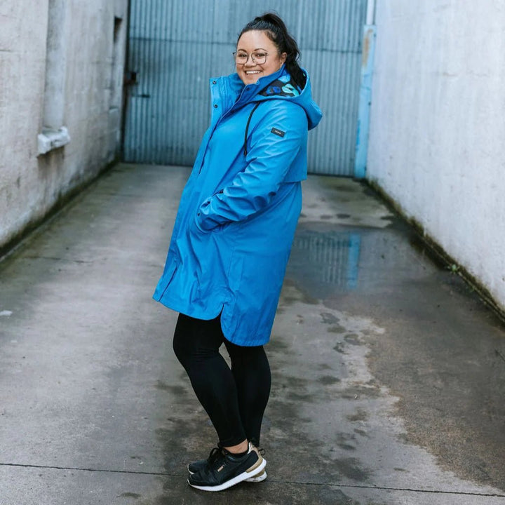 Billie - Womens PU Coated raincoat - Imperial Blue with night bloom Coats & Jackets MOKE