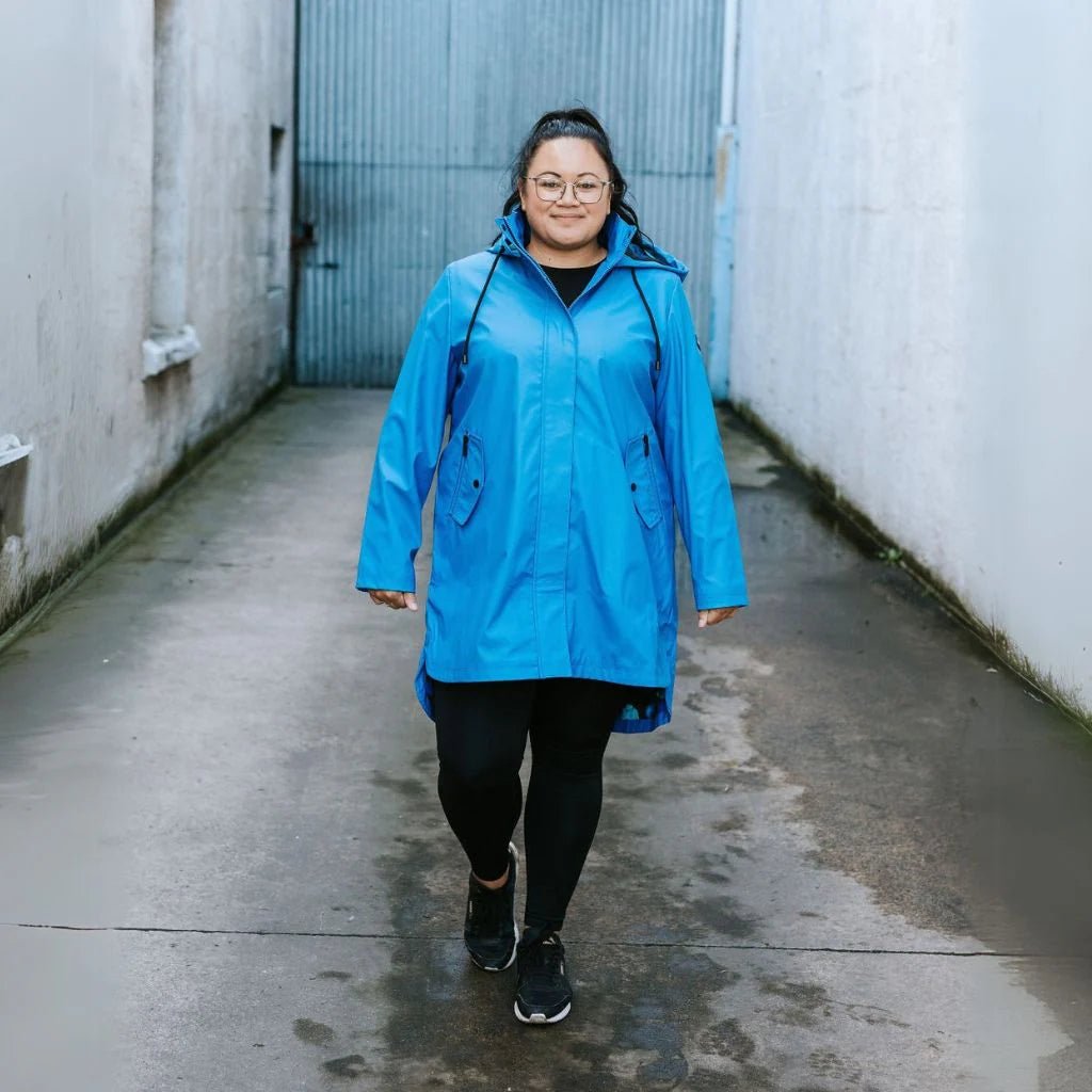 Billie - Womens PU Coated raincoat - Imperial Blue with night bloom Coats & Jackets MOKE