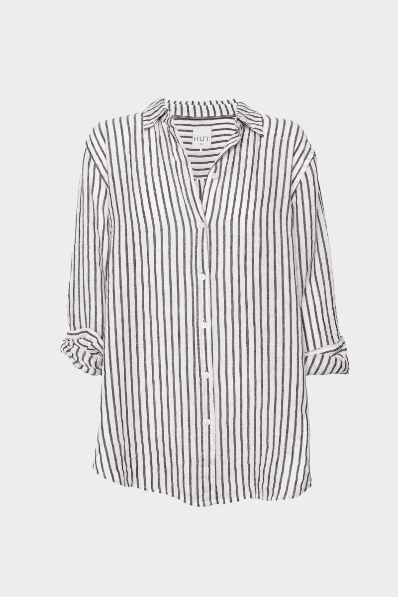 Black Yarn Dye Stripe Boyfriend Linen Shirt shirt Hut