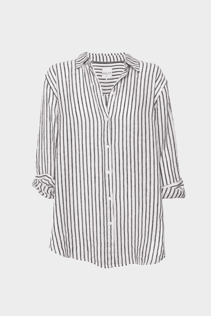 Black Yarn Dye Stripe Boyfriend Linen Shirt shirt Hut