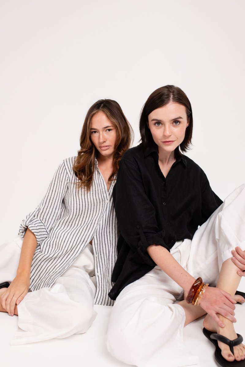 Black Yarn Dye Stripe Boyfriend Linen Shirt shirt Hut