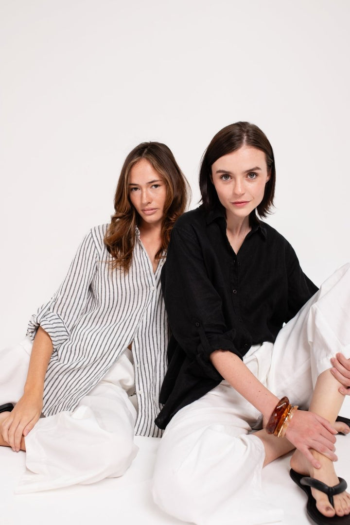 Black Yarn Dye Stripe Boyfriend Linen Shirt shirt Hut