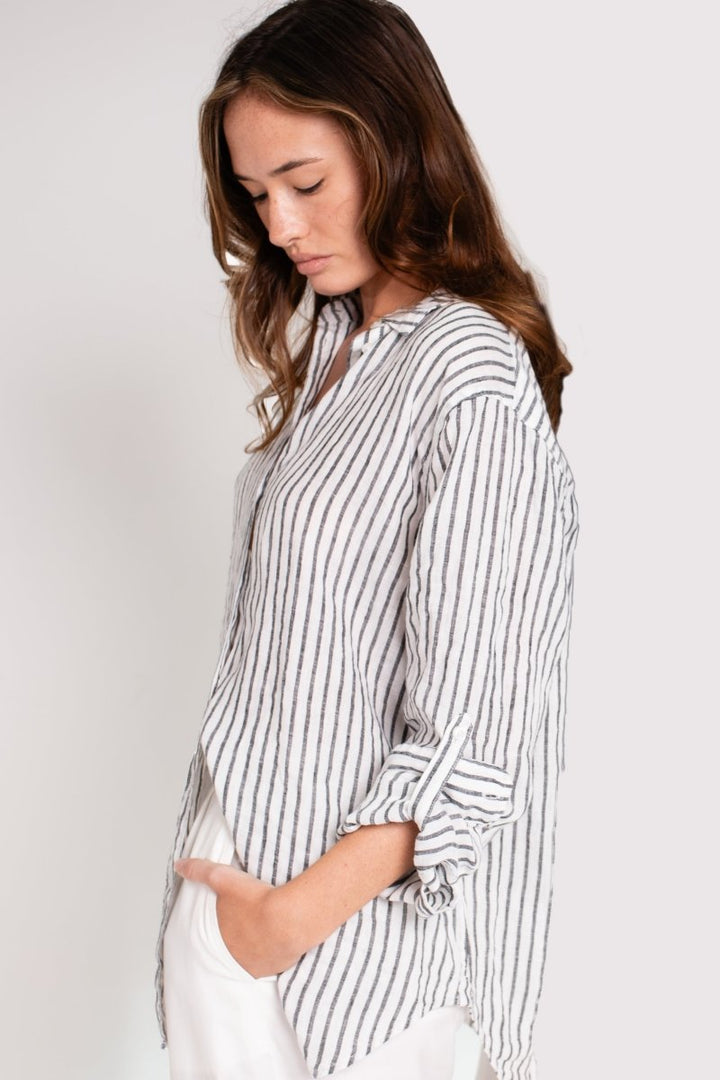 Black Yarn Dye Stripe Boyfriend Linen Shirt shirt Hut