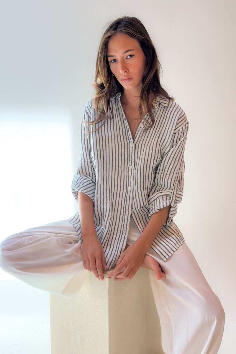 Black Yarn Dye Stripe Boyfriend Linen Shirt shirt Hut