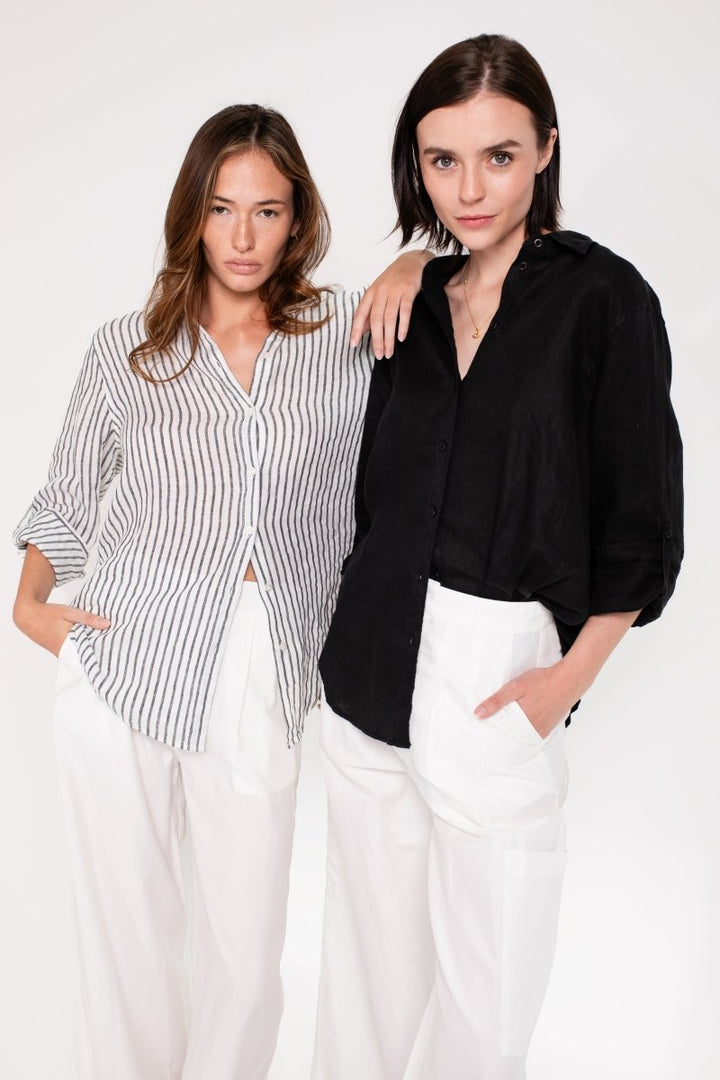 Black Yarn Dye Stripe Boyfriend Linen Shirt shirt Hut