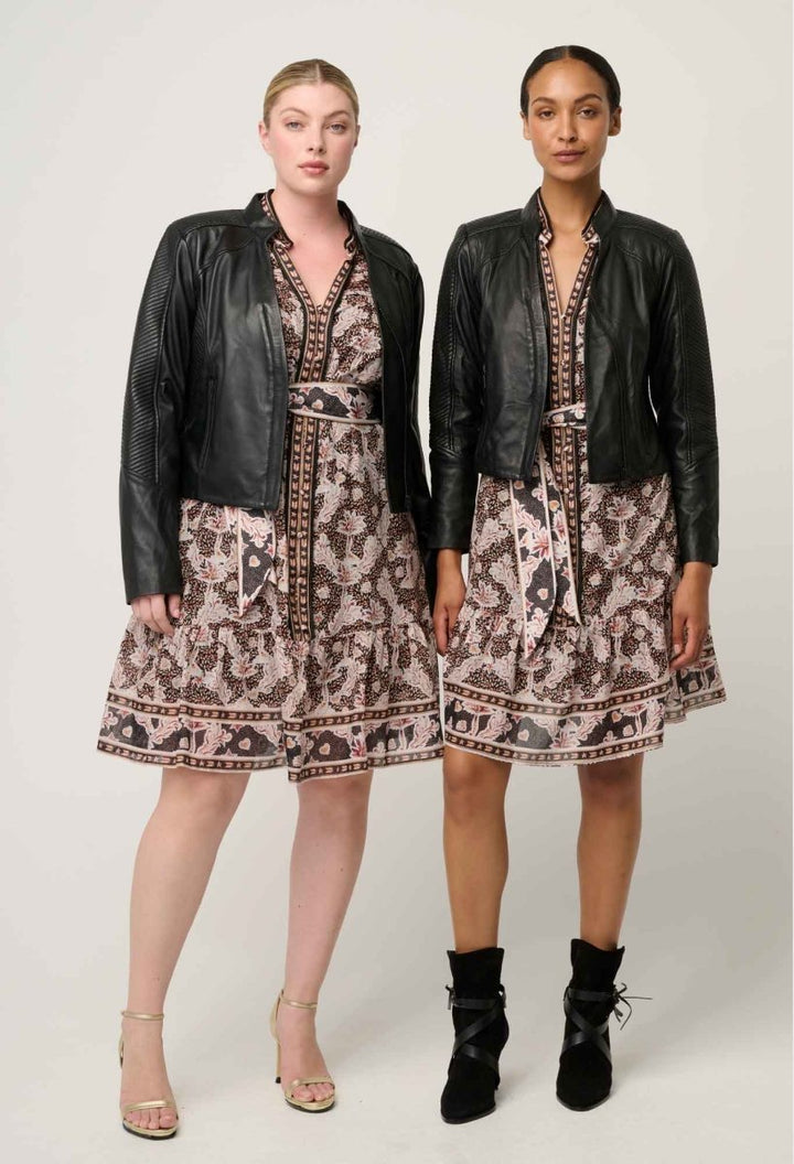 Blaire Leather Herringbone Stitch Jacket in Black Leather Ocean