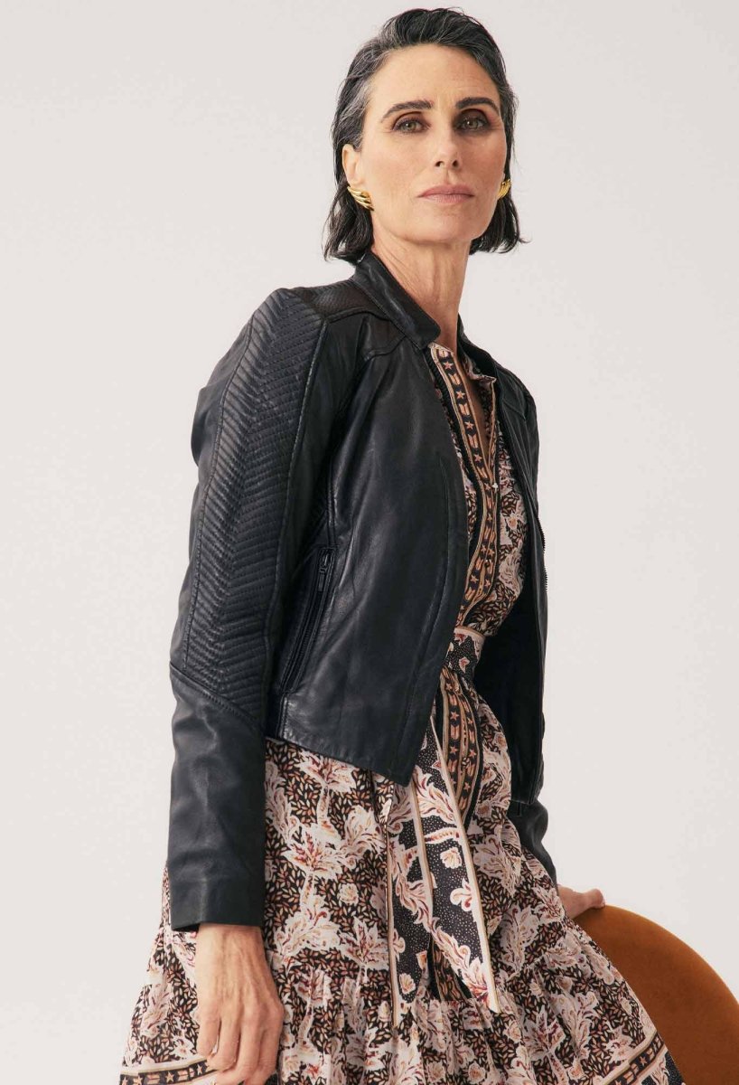 Blaire Leather Herringbone Stitch Jacket in Black Leather Ocean