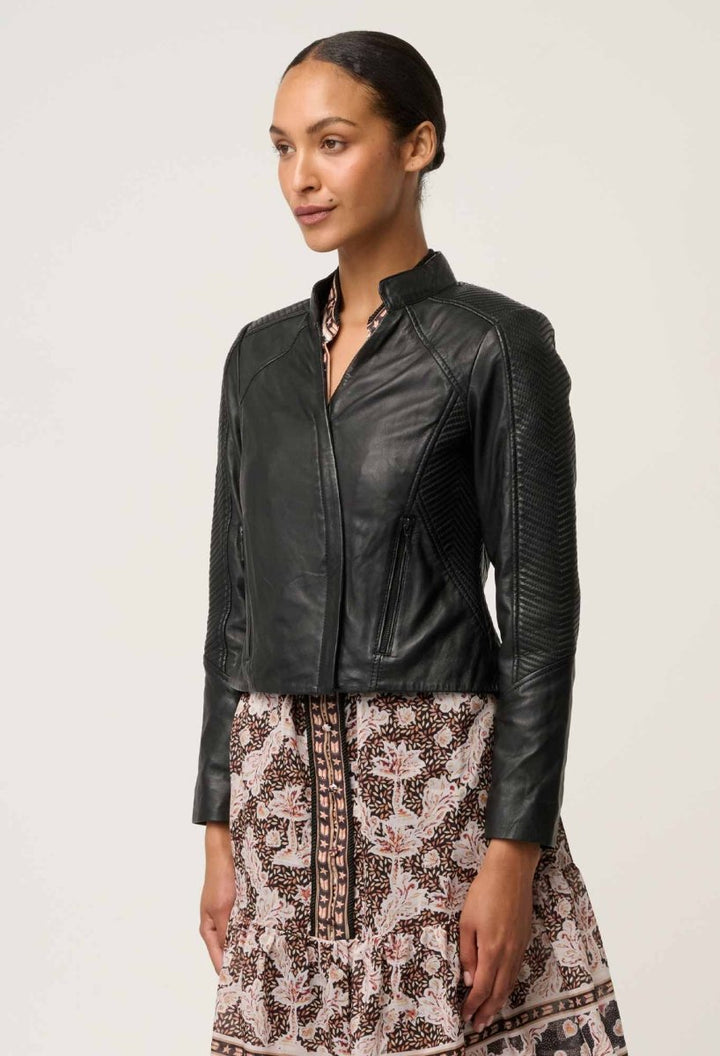 Blaire Leather Herringbone Stitch Jacket in Black Leather Ocean
