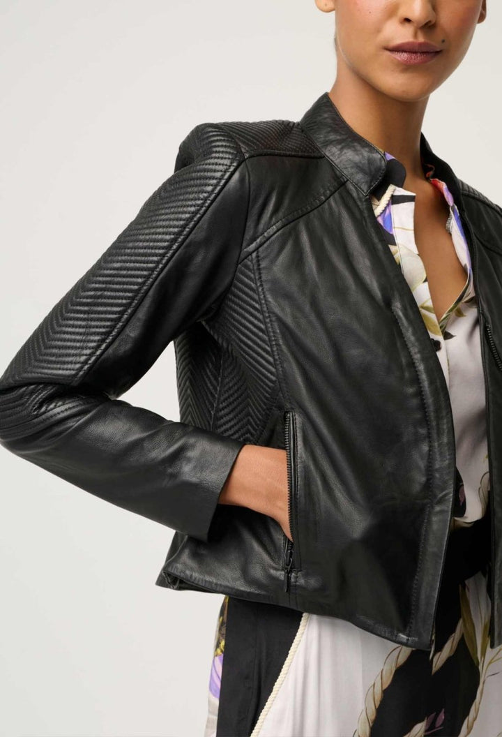 Blaire Leather Herringbone Stitch Jacket in Black Leather Ocean