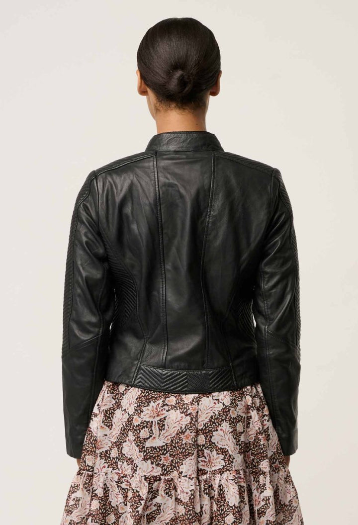 Blaire Leather Herringbone Stitch Jacket in Black Leather Ocean