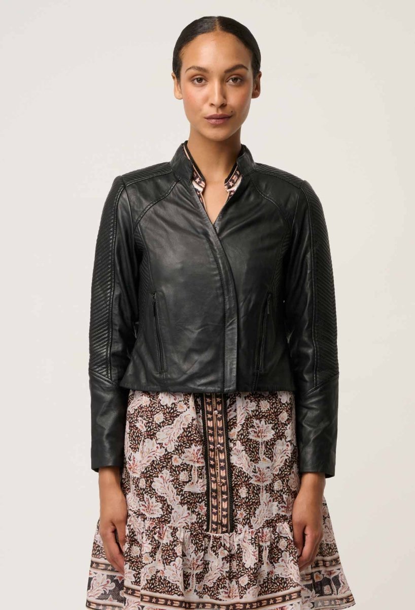Blaire Leather Herringbone Stitch Jacket in Black Leather Ocean