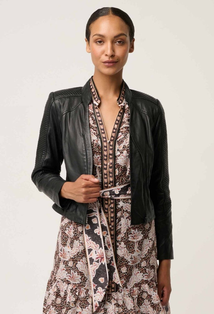 Blaire Leather Herringbone Stitch Jacket in Black Leather Ocean