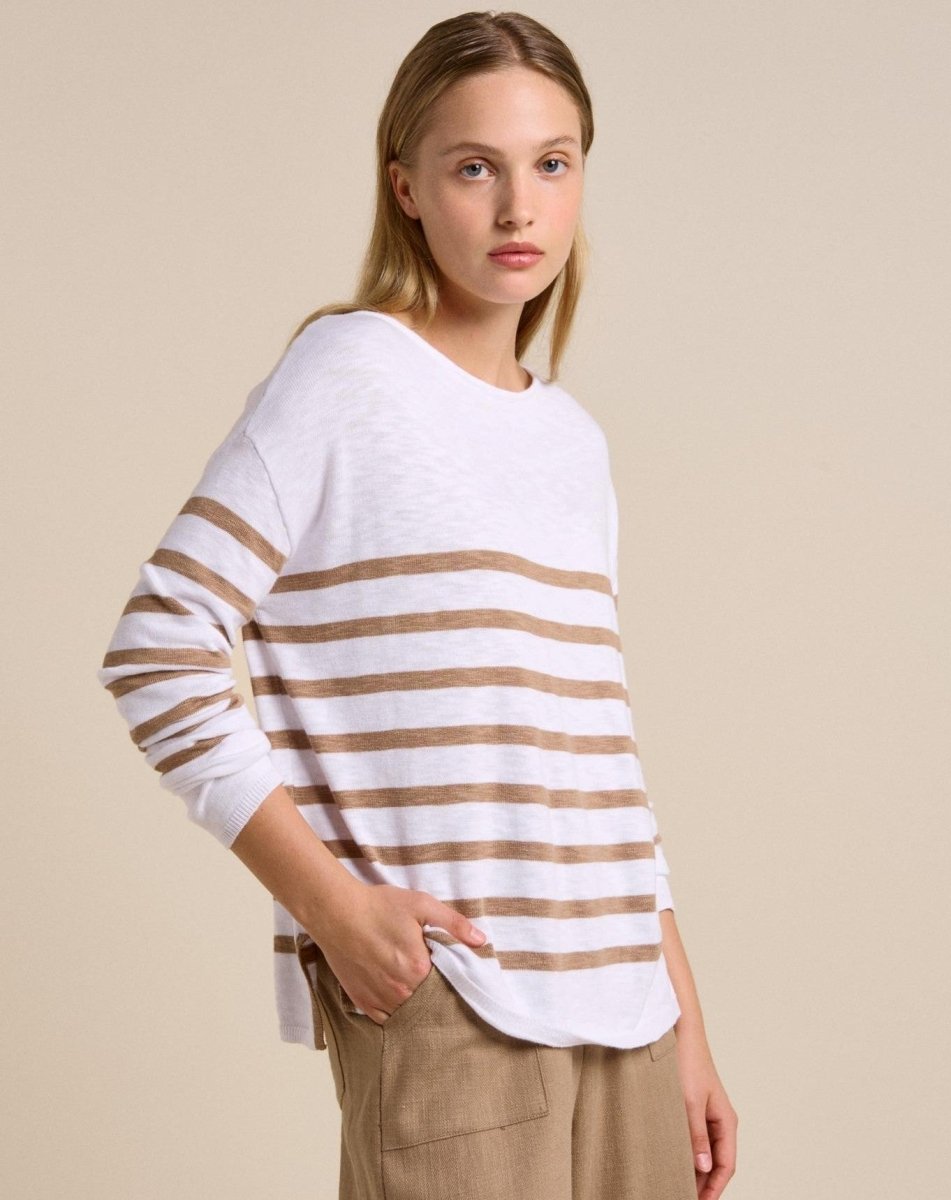 Bobbi Top - White / Taupe Long Sleeve Tee Little Lies