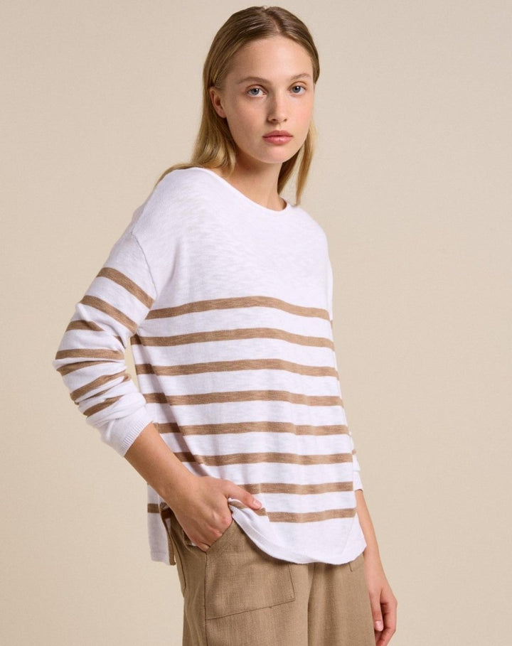 Bobbi Top - White / Taupe Long Sleeve Tee Little Lies
