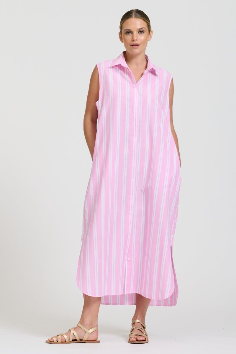 Button Sleeveless Longline Shirtdress - Pink Stripe Shirty