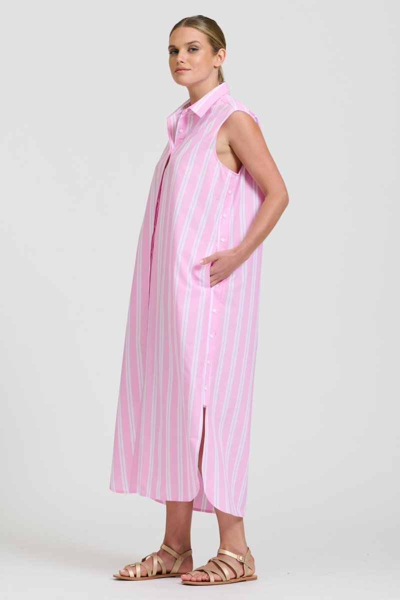Button Sleeveless Longline Shirtdress - Pink Stripe Shirty