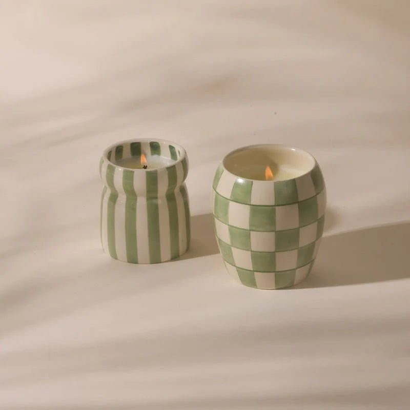 Cabana Sage Striped Ceramic Candle - Bora Bora Candle design works collective