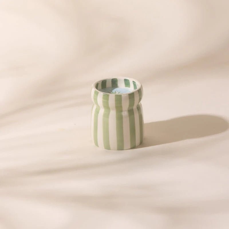 Cabana Sage Striped Ceramic Candle - Bora Bora Candle design works collective