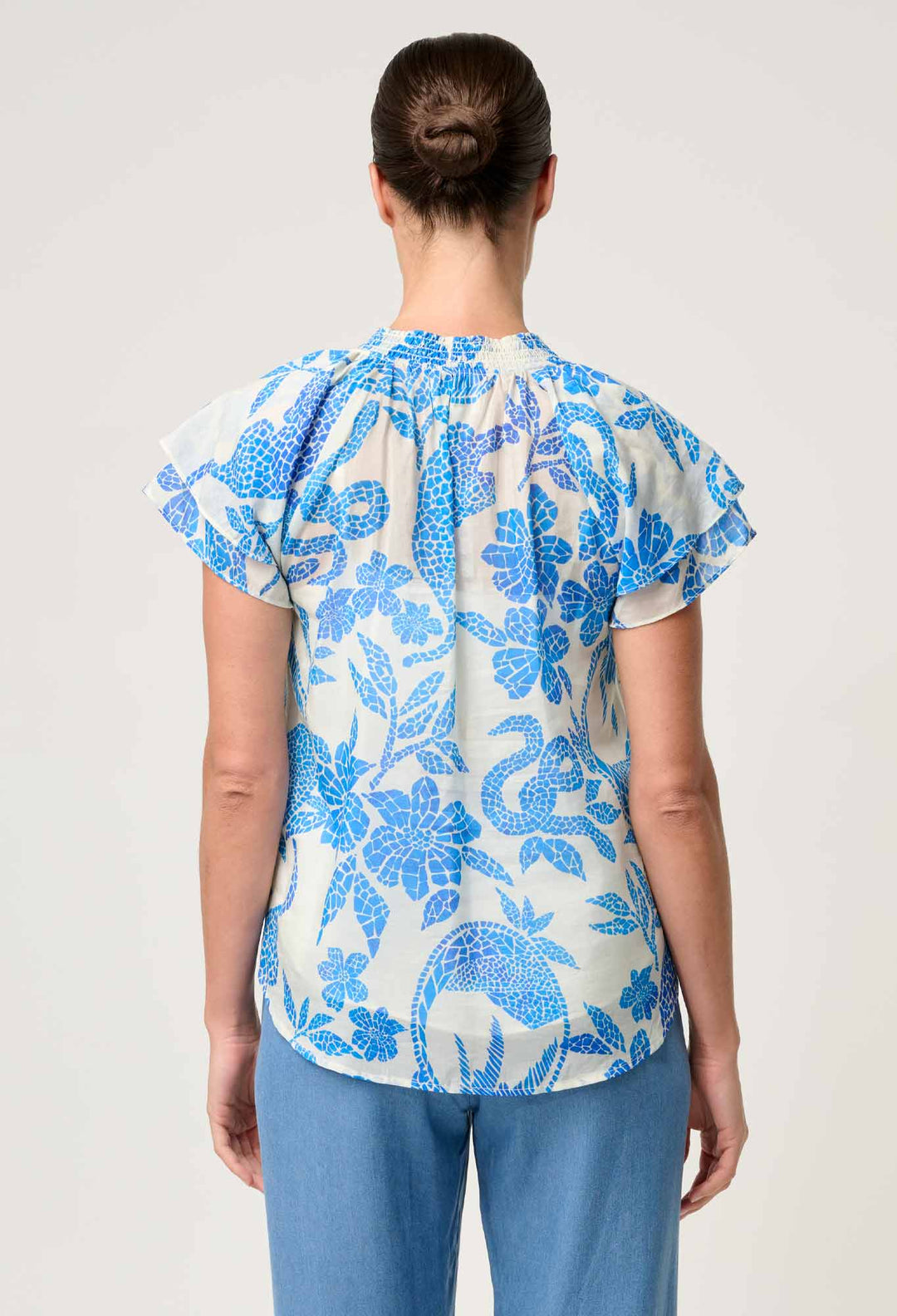 Calandra Silk Cotton Flutter Sleeve Top in Azure Mosaic blouse Once Was