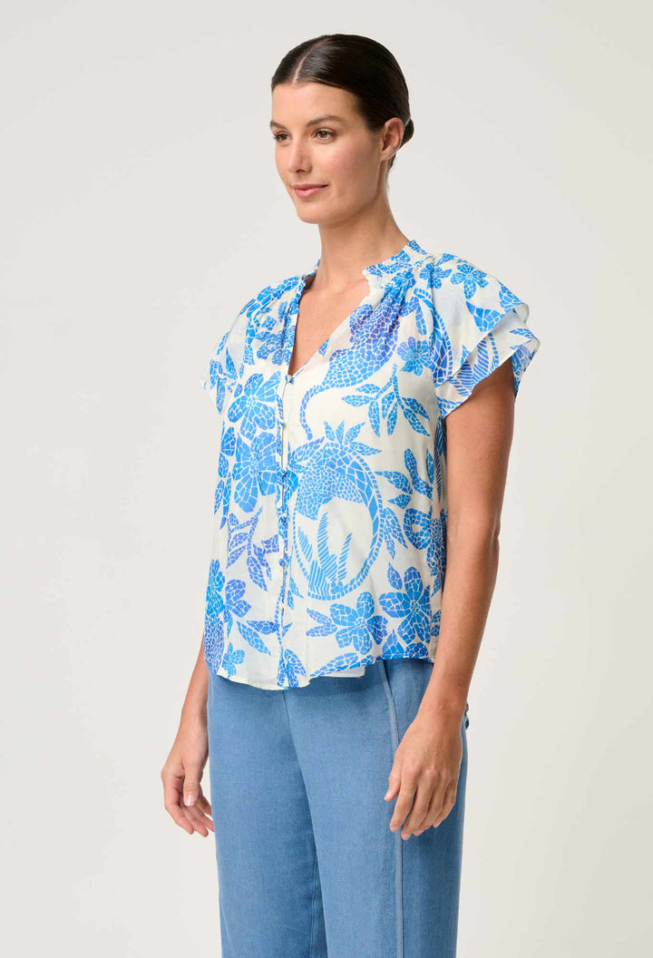 Calandra Silk Cotton Flutter Sleeve Top in Azure Mosaic blouse Once Was