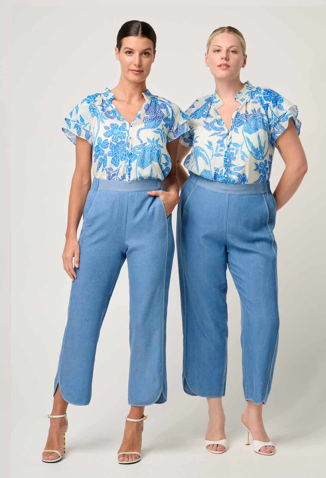 Calandra Silk Cotton Flutter Sleeve Top in Azure Mosaic blouse Once Was