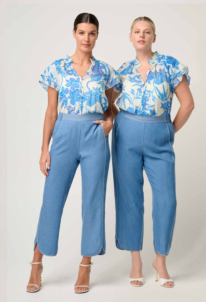 Calandra Silk Cotton Flutter Sleeve Top in Azure Mosaic blouse Once Was
