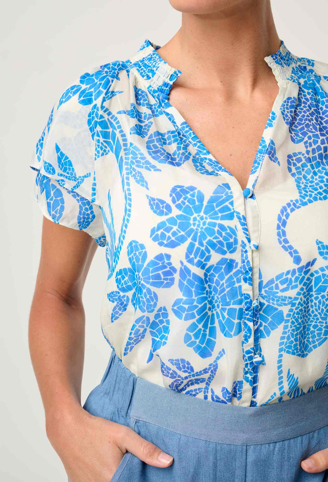 Calandra Silk Cotton Flutter Sleeve Top in Azure Mosaic blouse Once Was