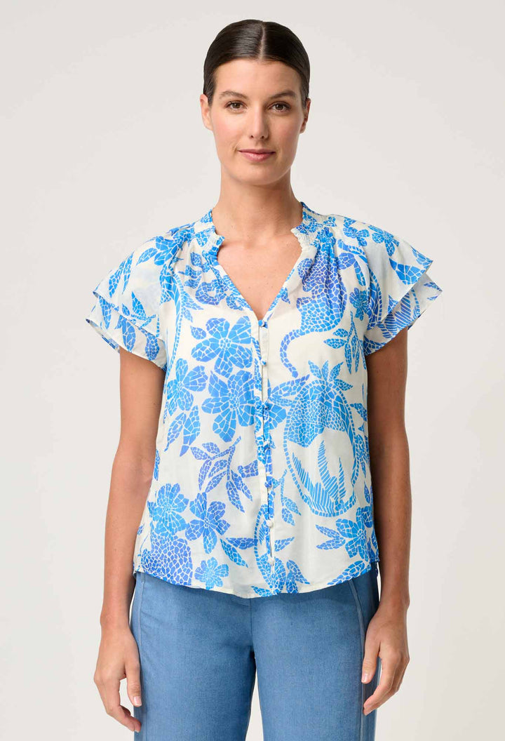 Calandra Silk Cotton Flutter Sleeve Top in Azure Mosaic blouse Once Was