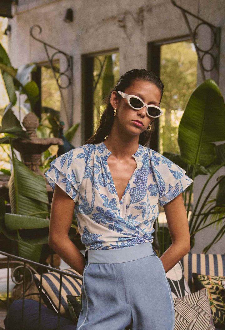Calandra Silk Cotton Flutter Sleeve Top in Azure Mosaic blouse Once Was