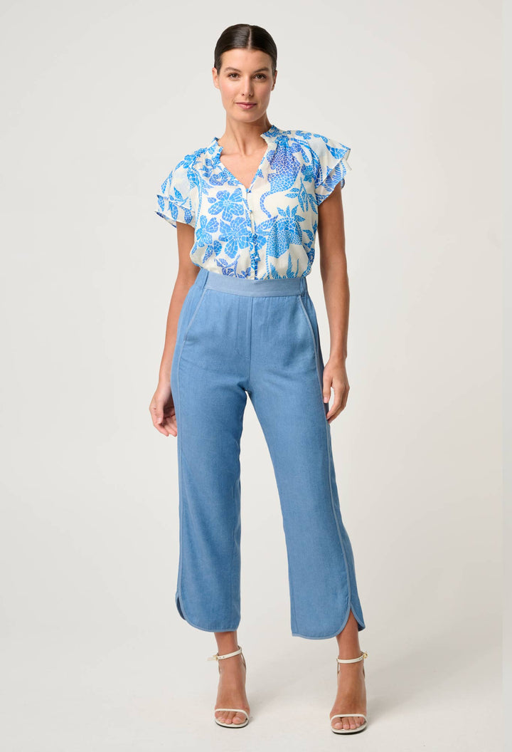 Calandra Silk Cotton Flutter Sleeve Top in Azure Mosaic blouse Once Was