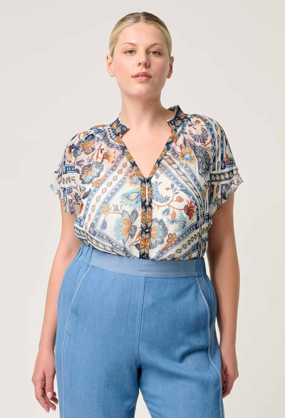 Calandra Viscose Yoryu Flutter Sleeve Top in Petinos Floros Blouse Once Was