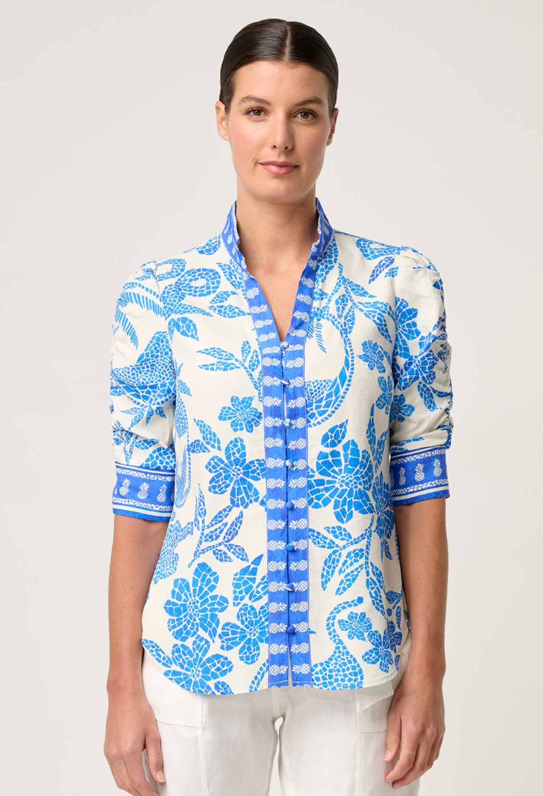 Calantha Viscose Dobby Ruched Sleeve Shirt in Azure Mosaic shirt Once Was