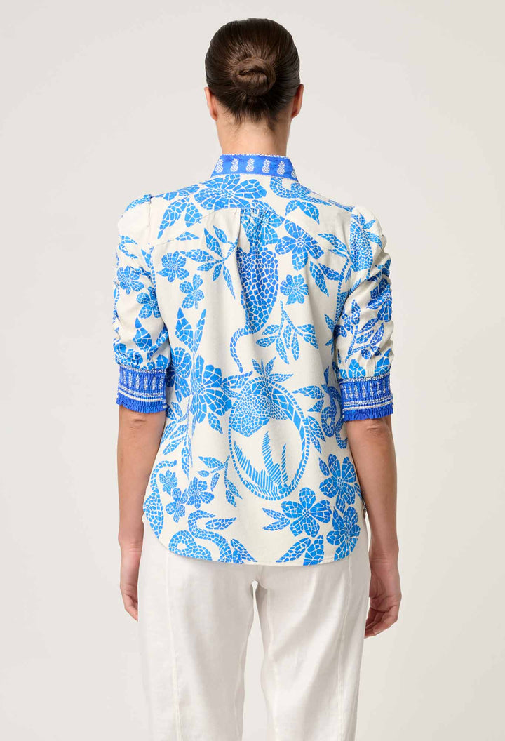 Calantha Viscose Dobby Ruched Sleeve Shirt in Azure Mosaic shirt Once Was