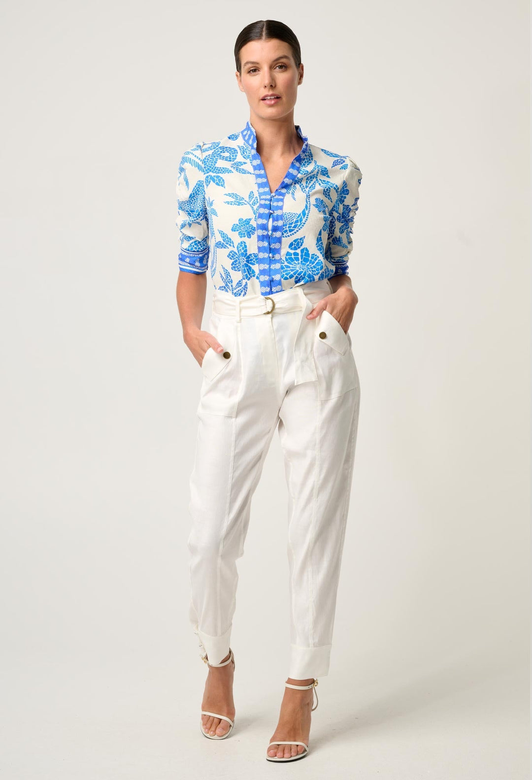 Calantha Viscose Dobby Ruched Sleeve Shirt in Azure Mosaic shirt Once Was