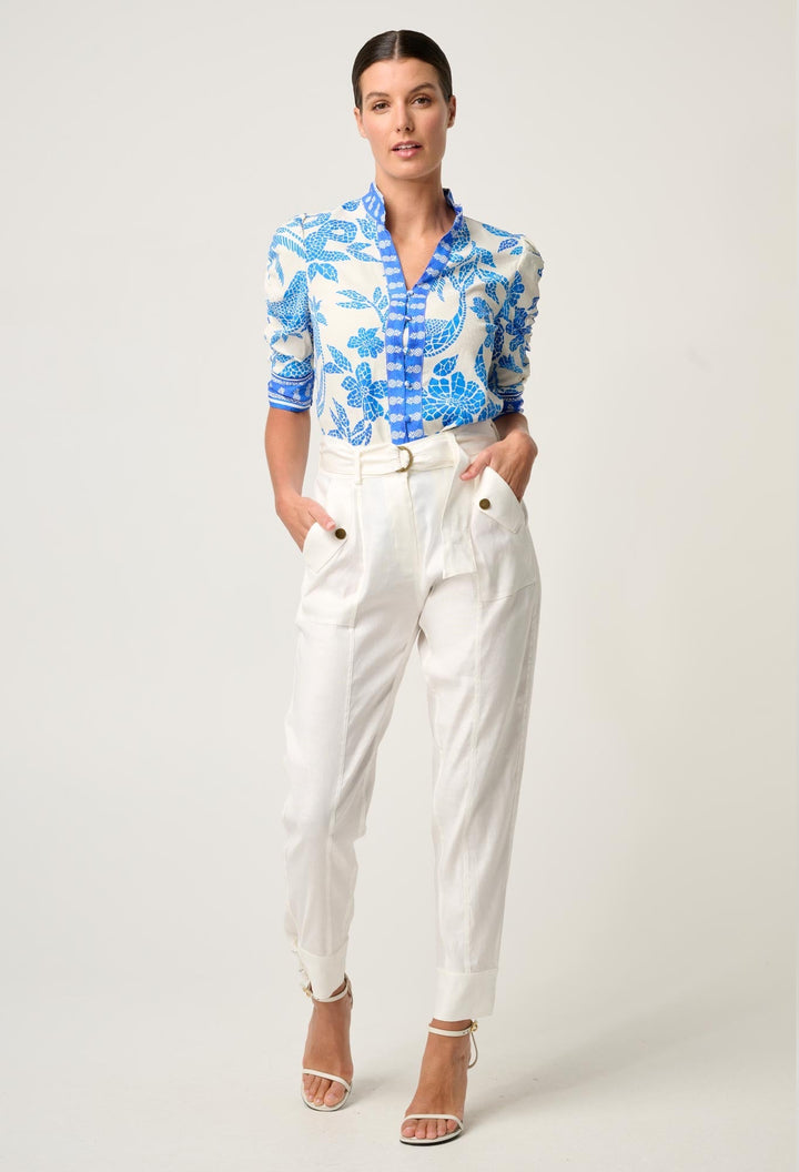 Calantha Viscose Dobby Ruched Sleeve Shirt in Azure Mosaic shirt Once Was