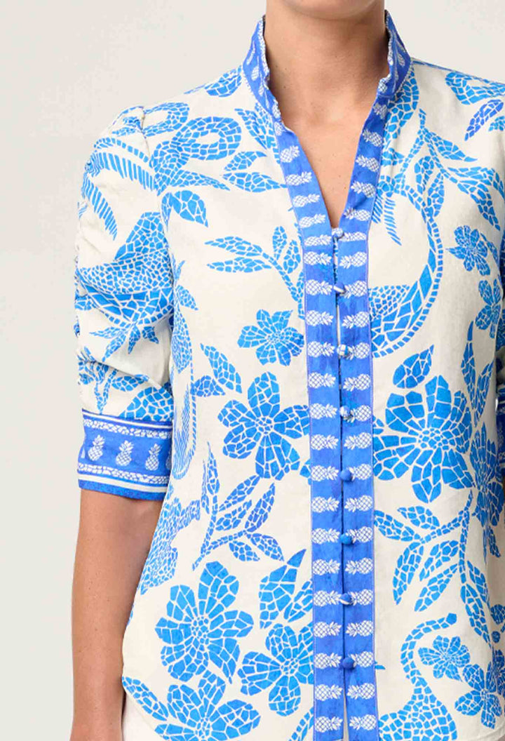 Calantha Viscose Dobby Ruched Sleeve Shirt in Azure Mosaic shirt Once Was