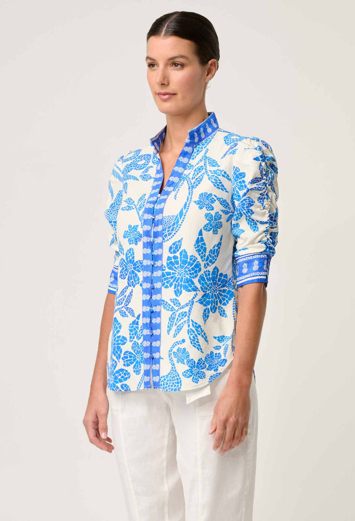 Calantha Viscose Dobby Ruched Sleeve Shirt in Azure Mosaic shirt Once Was