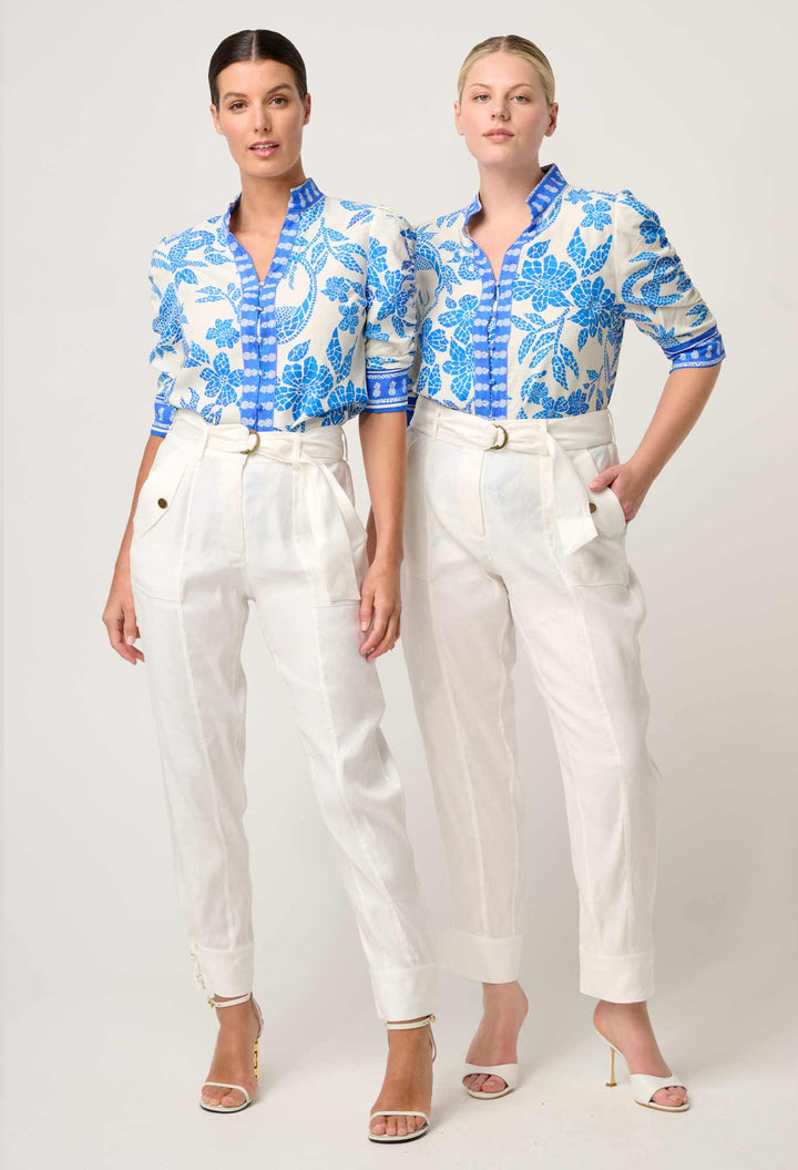 Calantha Viscose Dobby Ruched Sleeve Shirt in Azure Mosaic shirt Once Was