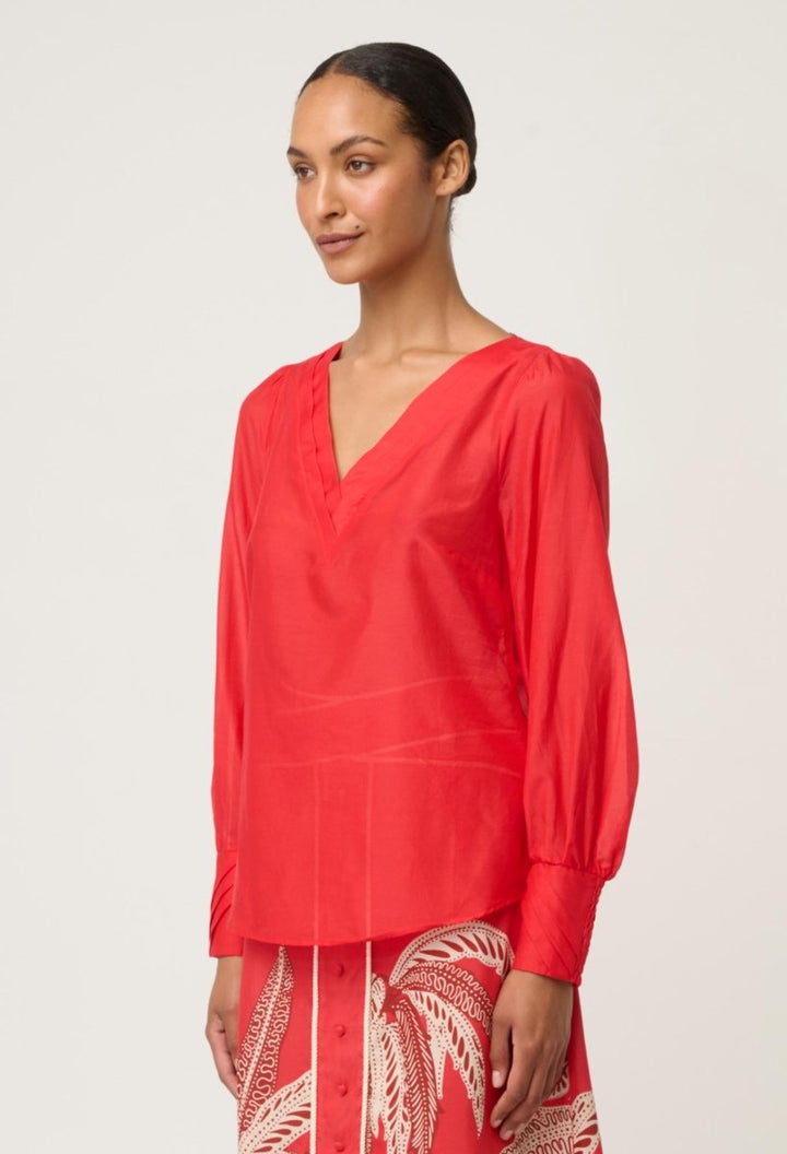 Calissa Cotton Silk V-Neck Blouse in Crimson Once Was