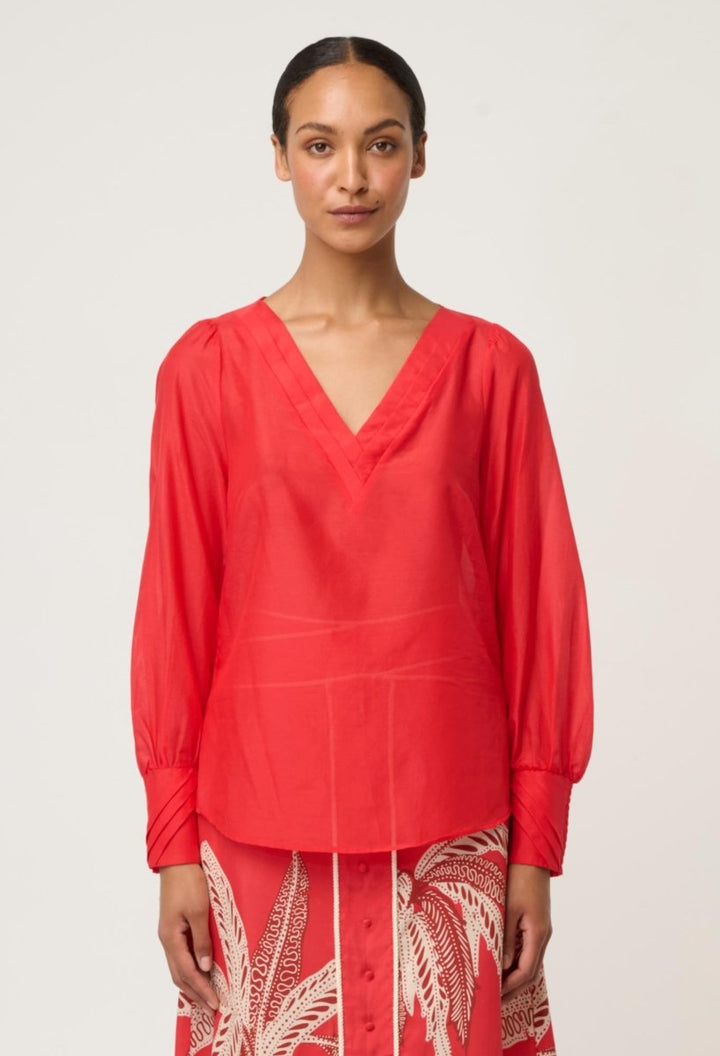 Calissa Cotton Silk V-Neck Blouse in Crimson Once Was