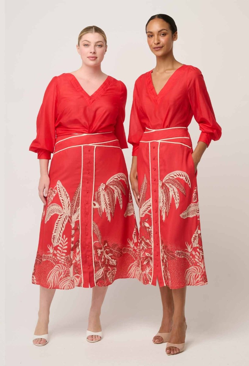 Calissa Cotton Silk V-Neck Blouse in Crimson Once Was