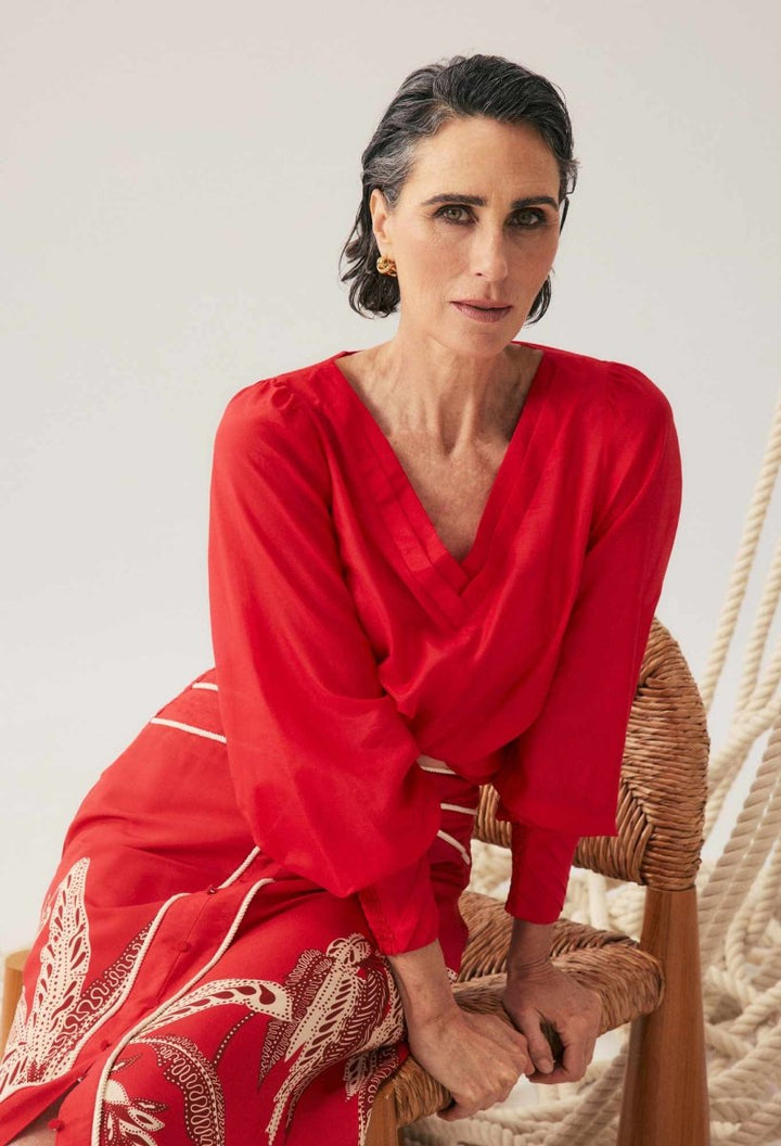 Calissa Cotton Silk V-Neck Blouse in Crimson Once Was